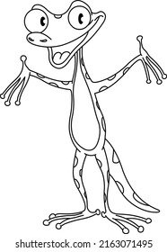 Outlined happy cute gecko holding up his arms, Vector line art illustration coloring page.