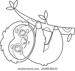 Outlined Happy Cute Sloth Cartoon Character Lazy Hanging On A Tree Branch. Vector Illustration Flat Design Isolated On Transparent Background
