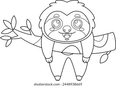 Outlined Happy Cute Sloth Cartoon Character Lazy Hanging On A Tree Branch. Vector Hand Drawn Illustration Isolated On Transparent Background