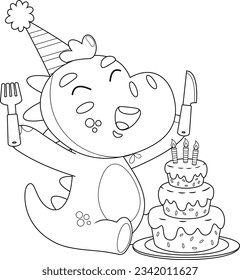 Outlined Happy Dinosaur Cartoon Character Is Looking At A Birthday Cake With A Fork And Knife. Vector Hand Drawn Illustration Isolated On Transparent Background