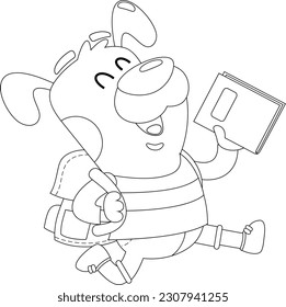 Outlined Happy Dog Cartoon Character Goes To School With A Backpack And A Textbook. Vector Hand Drawn Illustration Isolated On Transparent Background