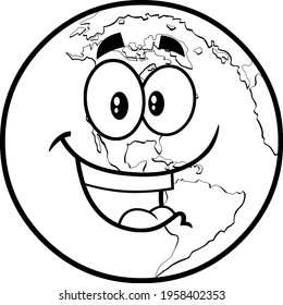 Outlined Happy Earth Globe Cartoon Character. Vector Hand Drawn Illustration Isolated On Transparent Background