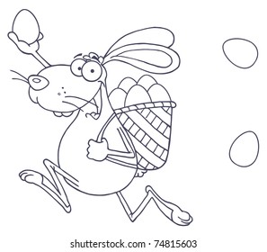 Outlined Happy Easter Rabbit Running With A Basket And Egg