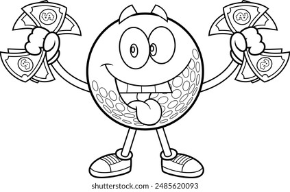 Outlined Happy Golf Ball Cartoon Character With Dollar Eyes And Cash Money. Vector Hand Drawn Illustration Isolated On Transparent Background