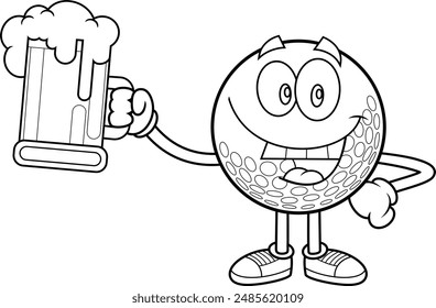 Outlined Happy Golf Ball Cartoon Character Holding A Beer Glass. Vector Hand Drawn Illustration Isolated On Transparent Background