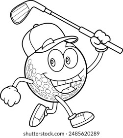 Personaje De Dibujos Animados De Pelota De Golf Feliz Delineado Corriendo Con Palo De Golf. Vector Dibujado A Mano Ilustración Aislado Sobre Fondo Transparente