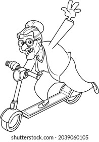 Outlined Happy Granny Cartoon Character Driving Scooter And Waving. Vector Hand Drawn Illustration Isolated On Transparent Background