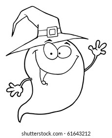 Outlined Happy Halloween Ghost Flying