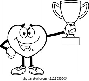 Outlined Happy Heart Cartoon Character Holding A Big Cup. Vector Hand Drawn Illustration Isolated On White Background