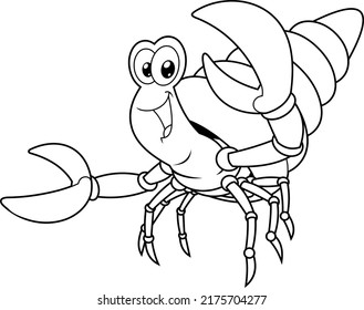 Outlined Happy Hermit Crab Cartoon Character In A Shell Waving For Greeting. Vector Hand Drawn Illustration Isolated On White Background
