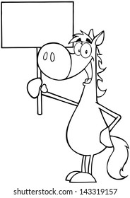 Outlined Happy Horse Holding Up A Blank Sign. Vector Illustration