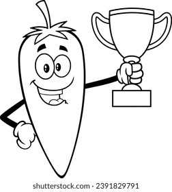 Outlined Happy Hot Chili Pepper Cartoon Character Holding A Cup. Vector Hand Drawn Illustration Isolated On Transparent Background