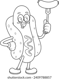 Outlined Happy HotDog Retro Cartoon Character Holding Sausage On Fork. Vector Hand Drawn Illustration Isolated On Transparent Background