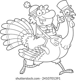 Outlined Happy Leprechaun Cartoon Character Riding A Turkey And Giving The Thumbs Up. Vector Hand Drawn Illustration Isolated On Transparent Background