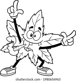 Outlined Happy Marijuana Leaf Cartoon Character With Joint Dancing. Vector Hand Drawn Illustration Isolated On Transparent Background