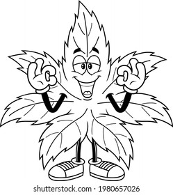 Esbozo Feliz Caricatura De Marihuana Leaf Que Muestra El Signo De Aceptación. Ilustración dibujada a mano vectorial aislada en fondo transparente