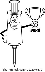 Outlined Happy Medical Syringe Vaccine Cartoon Character Holding A Big Golden Cup. Vector Hand Drawn Illustration Isolated On Transparent Background