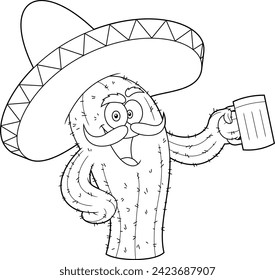 Outlined Happy Mexican Cactus Cartoon Character Holding A Glass Of Beer. Vector Hand Drawn Illustration Isolated On Transparent Background