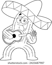 Outlined Happy Mexican Cactus Cartoon Character  Singing And Playing A Guitar. Vector Hand Drawn Illustration Isolated On Transparent Background