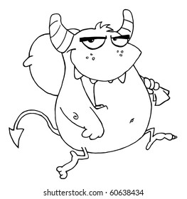 Outlined Happy Monster Runs With Bag