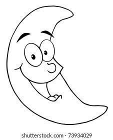 Outlined Happy Moon Mascot Cartoon Character