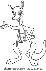 Outlined happy mother kangaroo with a joey. Vector line art illustration coloring page.