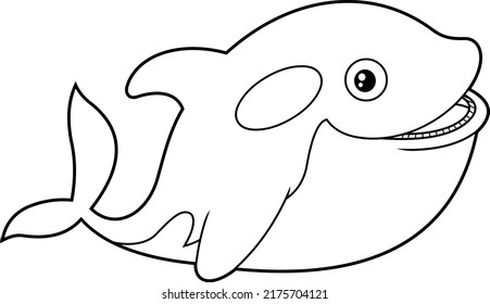 Outlined Happy Orca Or Killer Whale Cartoon Character Is Swimming. Vector Hand Drawn Illustration Isolated On White Background