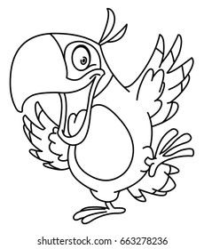 Outlined happy parrot dancing  Vector line art illustration coloring page 