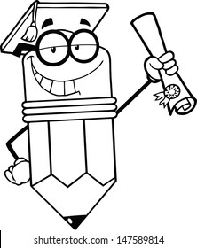Outlined Happy Pencil Character Graduate Holding A Diploma