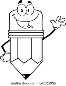 Outlined Happy Pencil Character Waving For Greeting 