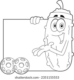 Outlined Happy Pickle Cartoon Character Showing A Banner With Pickleball Ball. Vector Hand Drawn Illustration Isolated On Transparent Background