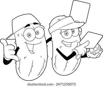 Outlined Happy Pickleball Players Friends Cartoon Characters. Vector Hand Drawn Illustration Isolated On Transparent Background