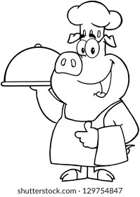 Outlined Happy Pig Chef Holding A Platter