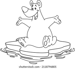 Outlined happy polar bear sitting on an ice floe iceberg. Vector line art illustration coloring page.