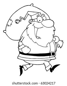 Outlined Happy Santa Claus Runs With Bag