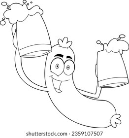 Outlined Happy Sausage Cartoon Character Holding Two Mugs Of Beer. Vector Hand Drawn Illustration Isolated On Transparent Background