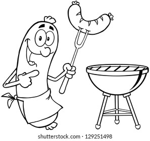 Outlined Happy Sausage With Sausage On Fork And Barbecue