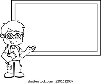 Outlined Happy School Boy Cartoon Character With Textbooks Pointing To Chalk Board. Vector Hand Drawn Illustration Isolated On Transparent Background