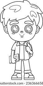 Outlined Happy School Boy Cartoon Character With Backpack And Textbook. Vector Hand Drawn Illustration Isolated On Transparent Background