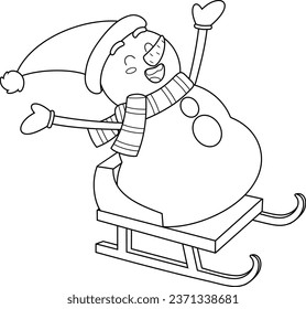 Outlined Happy Snowman Cartoon Character Riding On Sledge. Vector Hand Drawn Illustration Isolated On Transparent Background