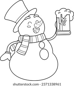 Un Personaje De Caricatura De Snowman Feliz Con Un Vaso De Cerveza. Ilustración dibujada a mano vectorial aislada en fondo transparente