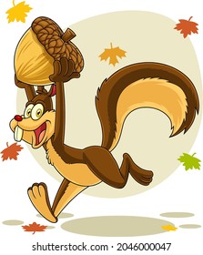 Outlined Happy Squirrel Cartoon Mascot Character Running With Acorn. Vector Hand Drawn Illustration Isolated On Transparent Background