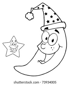 Outlined Happy Star And Moon Mascot Cartoon Characters