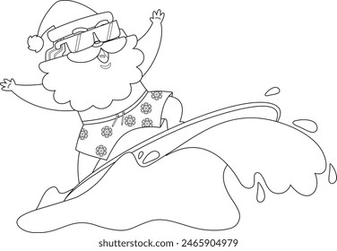 Delineado Feliz Verano Santa Claus Personaje De Dibujos Animados Surf Y Montar Una Ola. Vector Dibujado A Mano Ilustración Aislado Sobre Fondo Transparente