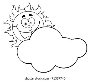 Outlined Happy Sun Hiding Behind Cloud