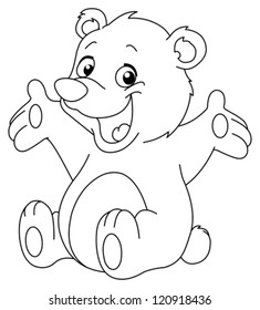 Outlined happy teddy bear raising his arms. Coloring page