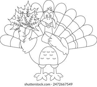 Outlined Happy Thanksgiving Turkey Bird Cartoon Character Holding And Pointing To Autumn Leaves. Vector Hand Drawn Illustration Isolated On Transparent Background