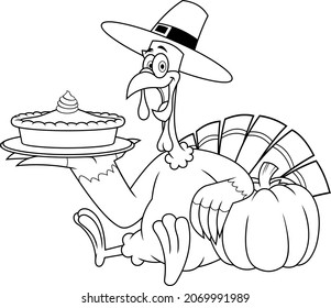 Outlined Happy Thanksgiving Turkey Pilgrim Cartoon Characters Sitting Holding A Pumpkin Pie. Vector Hand Drawn Illustration Isolated On White Background