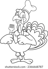 Outlined Happy Turkey Cartoon Character With Knife And Fork. Vector Hand Drawn Illustration Isolated On Transparent Background