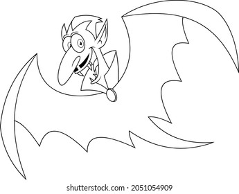 Outlined Happy Vampire Cartoon Character Flying. Vector Hand Drawn Illustration Isolated On White Background